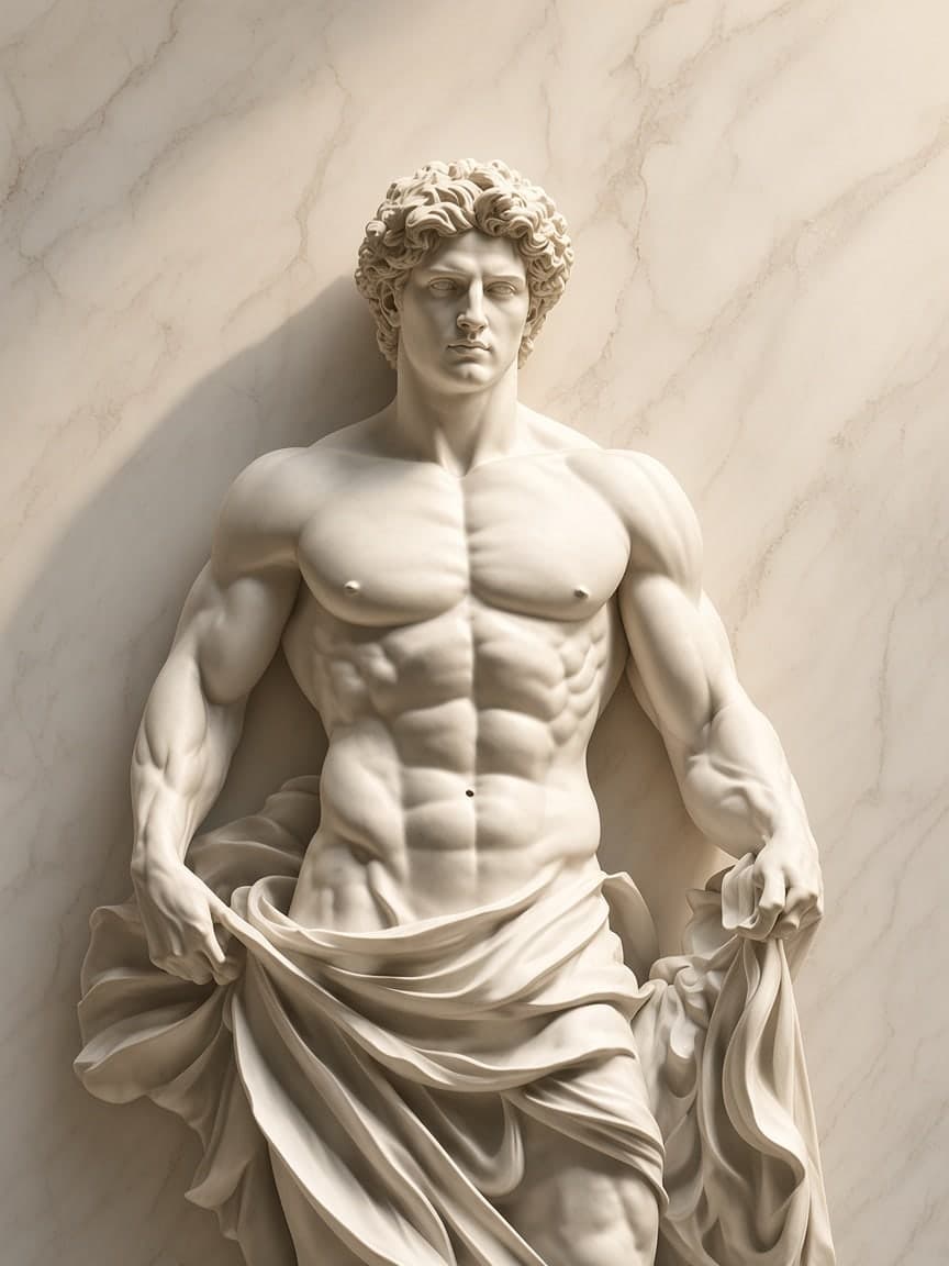 Marble sculpture of a Greek god carved from a marble wall