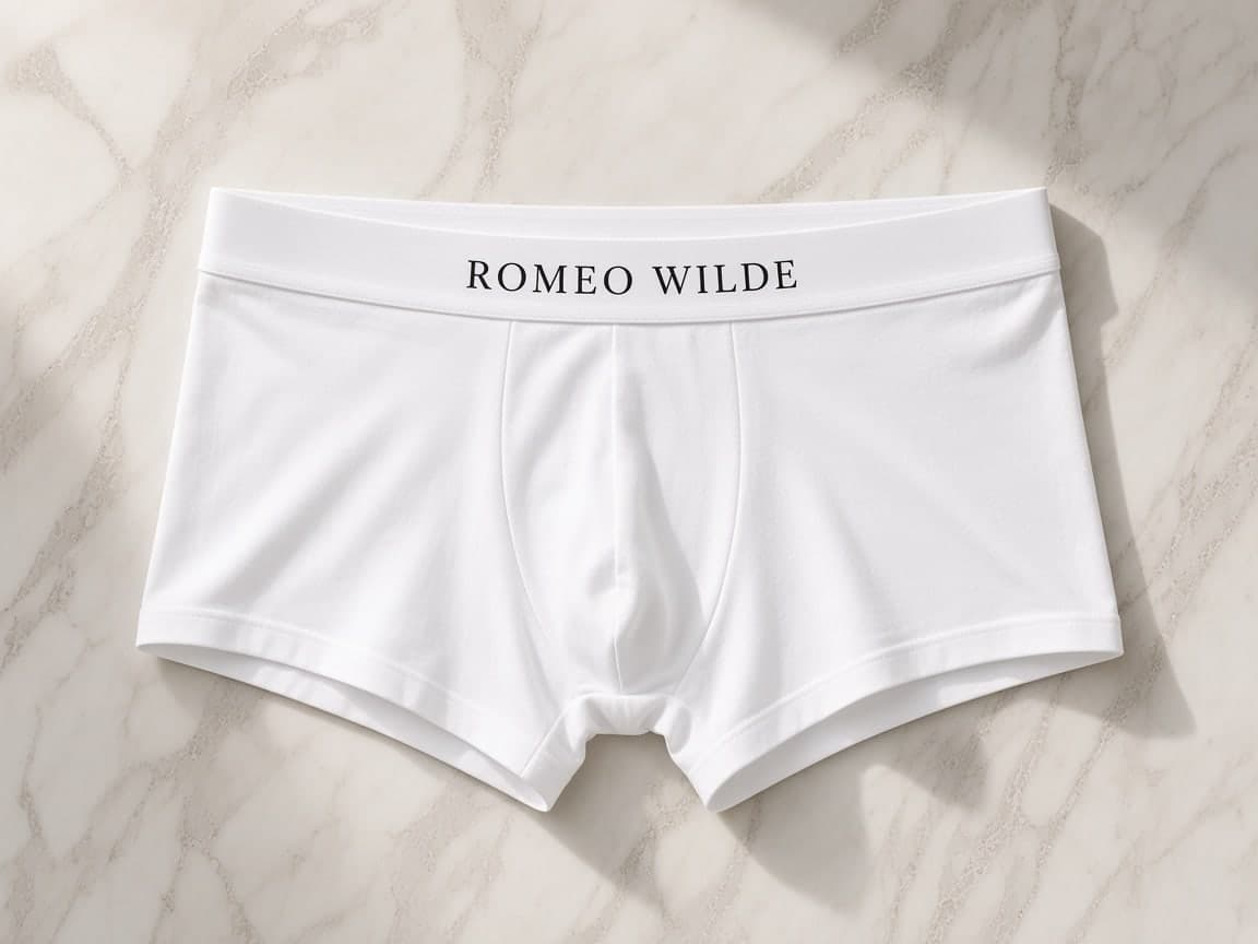 White boxer brief with Romeo Wilde on the front of the waistband