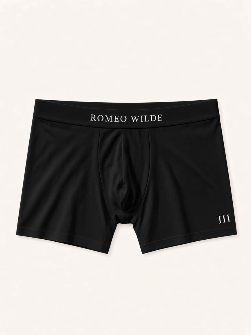 Romeo Wilde Boxer Brief in black, front with Romeo Wilde on the waistband and the III along the leg