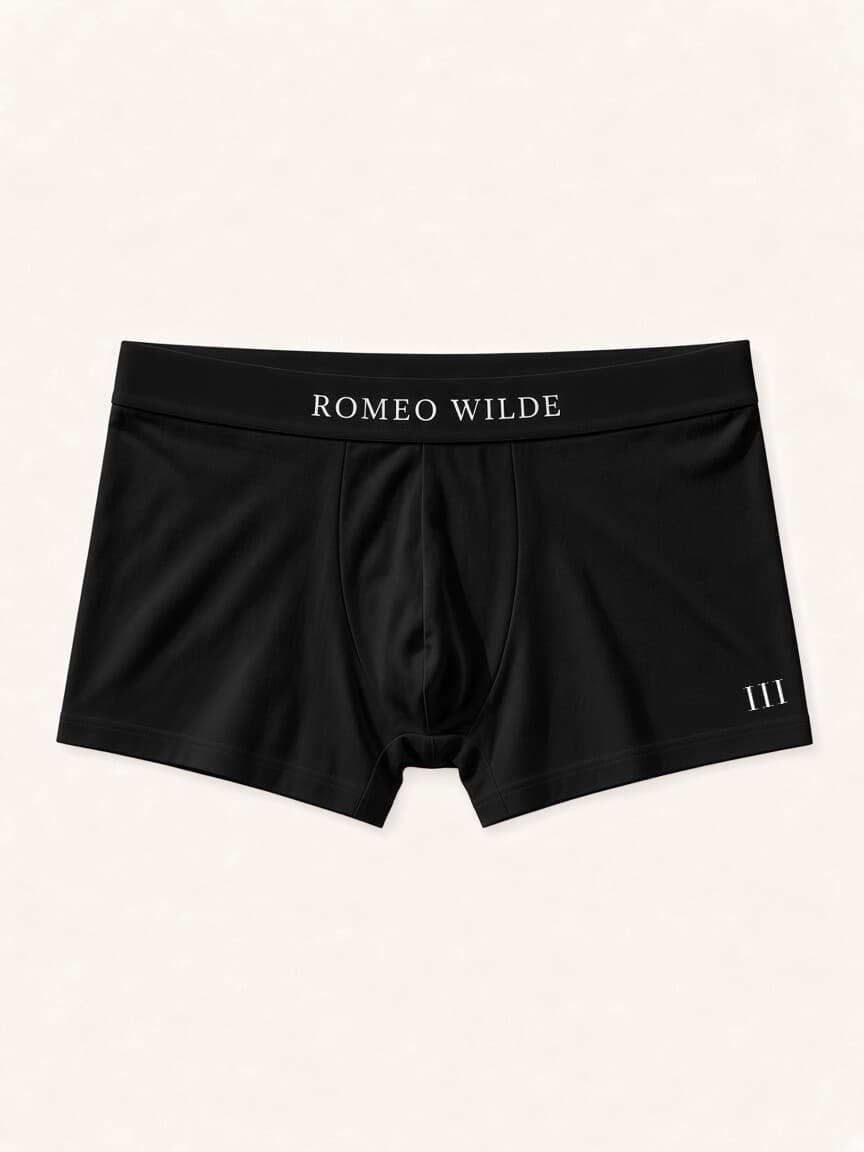 Romeo Wilde Trunk in black, front with Romeo Wilde on the waistband and the III along the leg