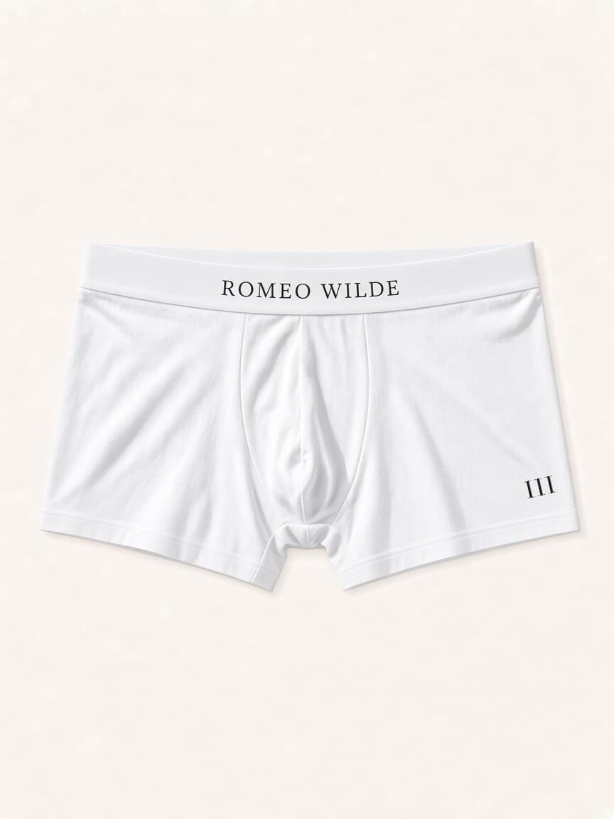 Romeo Wilde Trunk in white, front with Romeo Wilde on the waistband and the III along the leg